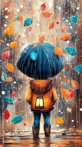  a person standing in the rain, holding an umbrella and a lantern The person is surrounded by a flurry of colorful leaves, and the background is slightly blurred, g