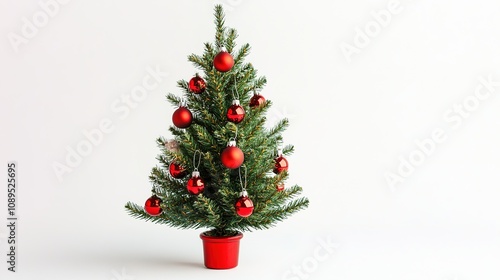 Small Christmas tree in red pot with decorations on white