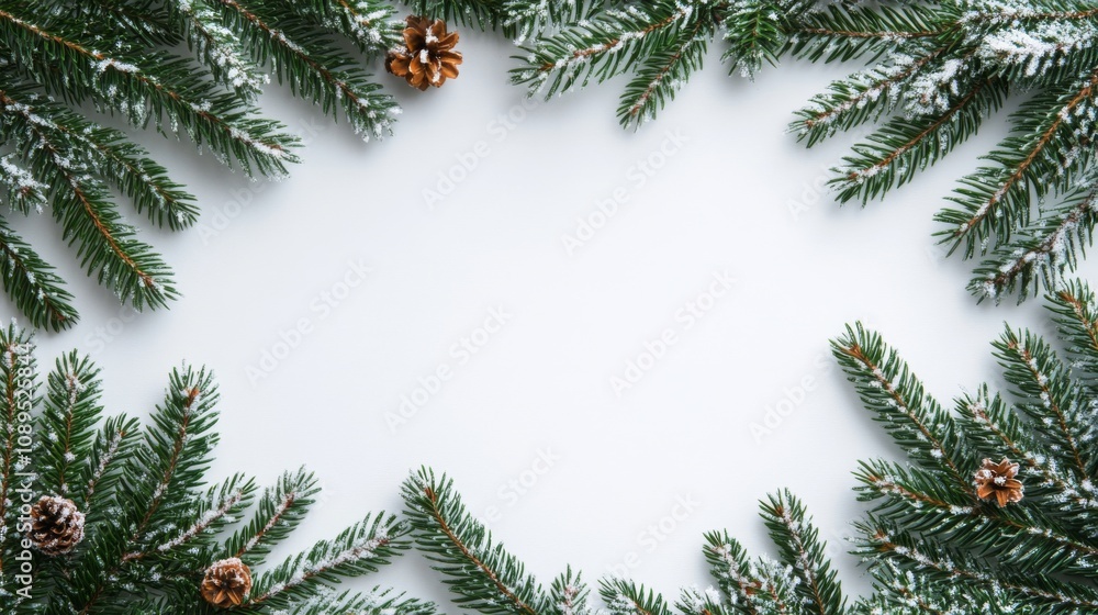 Snow dusted pine branches frame a white background Snow dusted pine branches frame a white background