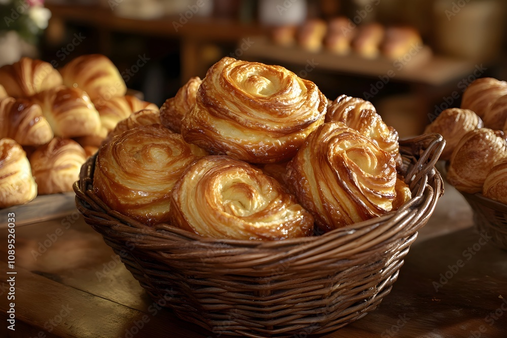 Golden kouign-amann pastries with sugar-glazed layers in a wicker basket, surrounded by bread loaves and tarts, in a warm French bakery ambiance Golden kouign-amann pastries with sugar-glazed layers in a wicker basket, surrounded by bread loaves and tarts, in a warm French bakery ambiance
