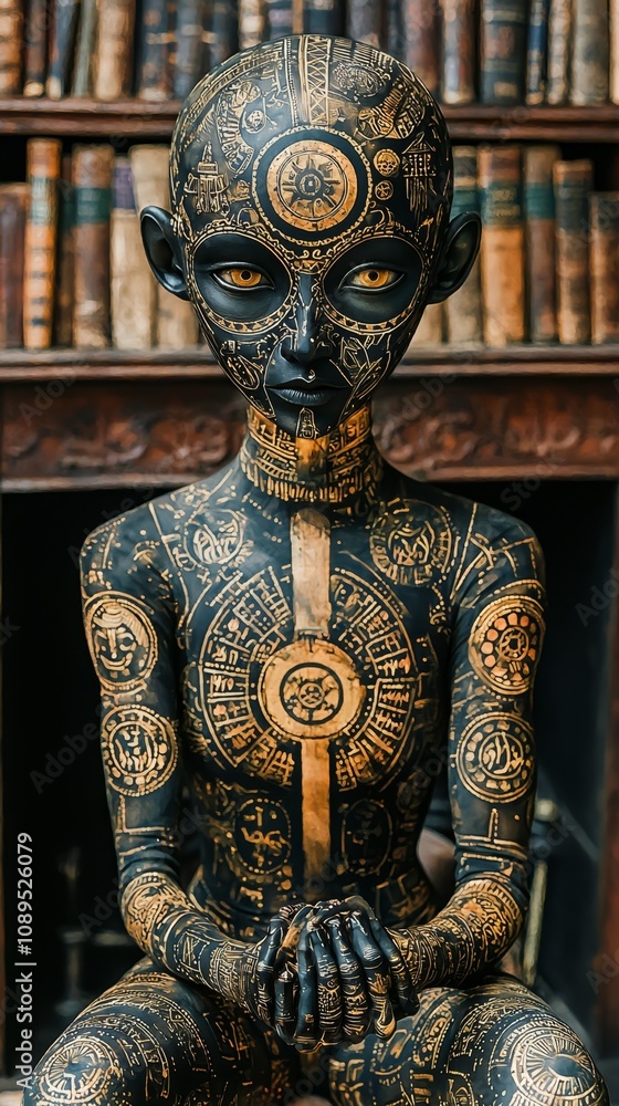 Obraz premium a woman with a black and gold body paint sitting in front of a book shelf filled with books She is wearing a mask, giving her a mysterious and captivating look