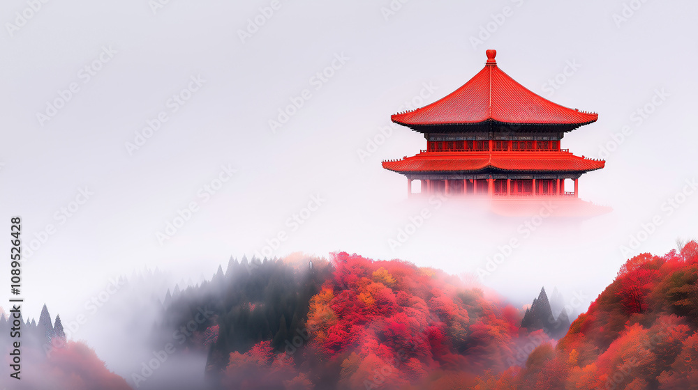A serene red pagoda rises above a mist-covered autumn forest, showcasing vivid foliage in shades of red and orange. The tranquil scene blends nature with traditional architecture. A serene red pagoda rises above a mist-covered autumn forest, showcasing vivid foliage in shades of red and orange. The tranquil scene blends nature with traditional architecture.