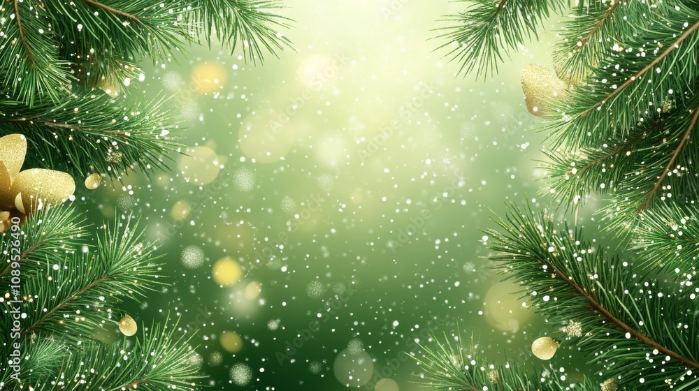 Festive Green Pine Branches With Golden Ornaments And Snow Festive Green Pine Branches With Golden Ornaments And Snow