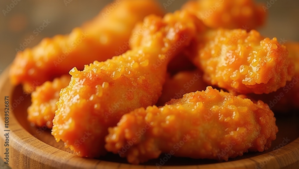 Close-up of golden fried chicken wings on a wooden surface, crispy, appetizing, and ready to eat. Generative, AI, Close-up of golden fried chicken wings on a wooden surface, crispy, appetizing, and ready to eat. Generative, AI,