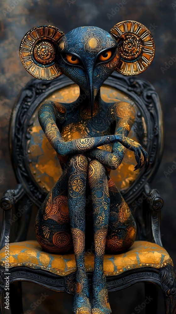 Obraz premium a woman sitting on top of a chair with a blue and yellow design on her body The background is blurred, giving the image a dreamy, ethereal feel The woman appears