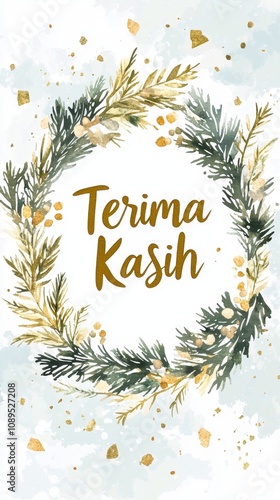 A soft watercolor shows a leafy wreath around Terima Kasih, expressing gratitude photo