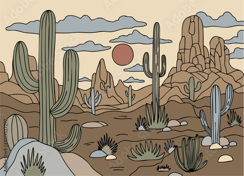Wild west desert landscape with mountains and cactus.