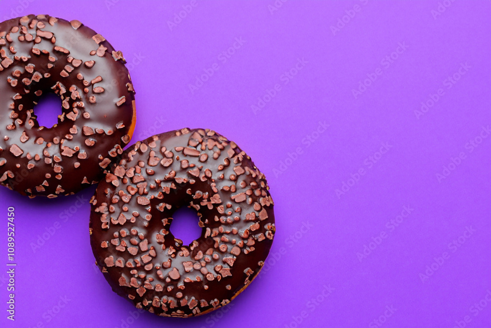 Two chocolate donuts on a purple background. A donut with chocolate and a purple background. Chocolate donut purple background round donuts. A round donut with a purple background lifestyle. Two chocolate donuts on a purple background. A donut with chocolate and a purple background. Chocolate donut purple background round donuts. A round donut with a purple background lifestyle.