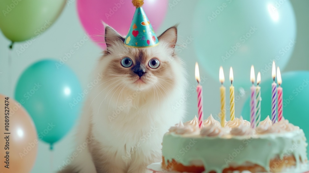 Cute Birman Cat Wearing a Birthday Hat Next to a Birthday Cake With Candles, Studio Photo With Colorful Balloons In The Back, Birthday Party Concept Cute Birman Cat Wearing a Birthday Hat Next to a Birthday Cake With Candles, Studio Photo With Colorful Balloons In The Back, Birthday Party Concept
