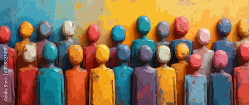 Illustration of a group of identical wooden figures, each with a different color, arranged in a vertical line.Diversity