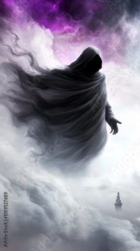  a person in a hooded cloak standing atop a cloud, with a tower in the background and a sky filled with clouds The image is animated, giving it a surreal and dreaml photo