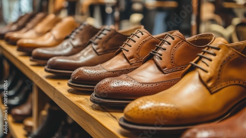 Elegant Display of Various Brown Leather Dress Shoes on Wooden Shelves in a Stylish Footwear Boutique Highlighting Craftsmanship and Fashion Trends