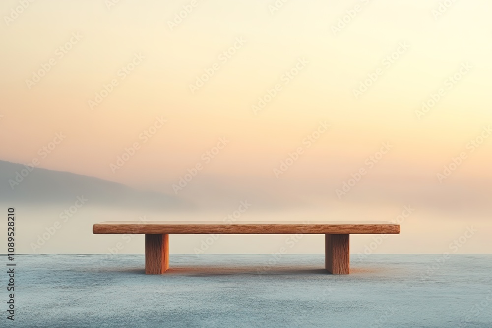 Minimalist wooden bench in serene foggy landscape Minimalist wooden bench in serene foggy landscape