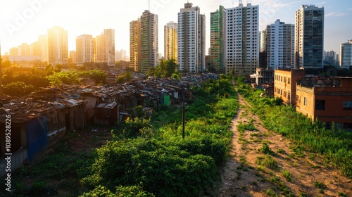 A striking contrast of urban development and poverty, showcasing towering skyscrapers next to informal settlements.