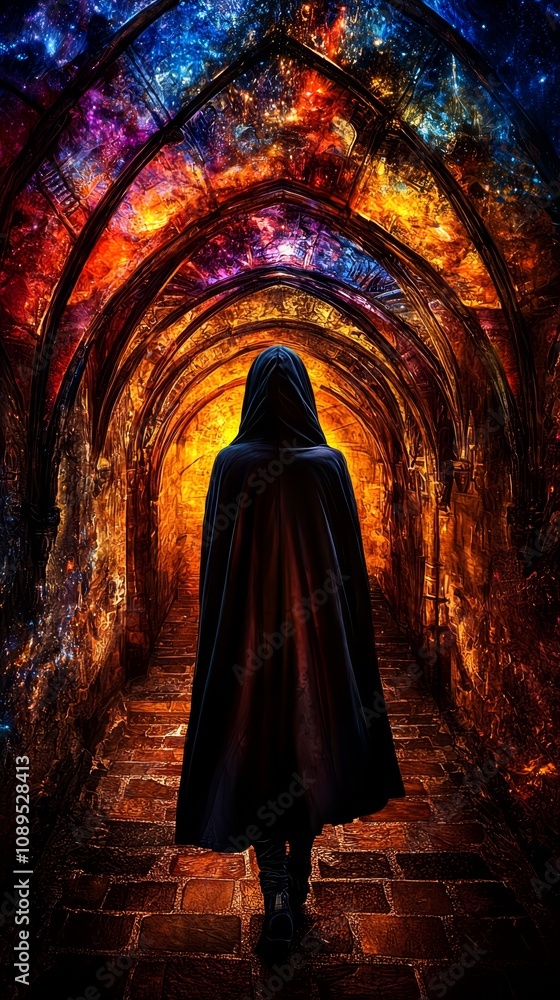 a person in a black cloak walking through a tunnel with a colorful nebula in the background The person is surrounded by a vibrant array of colors, creating a fanta a person in a black cloak walking through a tunnel with a colorful nebula in the background The person is surrounded by a vibrant array of colors, creating a fanta
