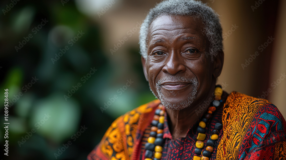Elderly man wearing colorful traditional attire smiles warmly in a lush outdoor setting during daylight hours. Generative AI Elderly man wearing colorful traditional attire smiles warmly in a lush outdoor setting during daylight hours. Generative AI