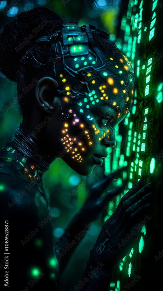 a woman with glowing lights on her face looking at a computer screen She is wearing a futuristic outfit and her face is illuminated by the lights, giving her a mys a woman with glowing lights on her face looking at a computer screen She is wearing a futuristic outfit and her face is illuminated by the lights, giving her a mys