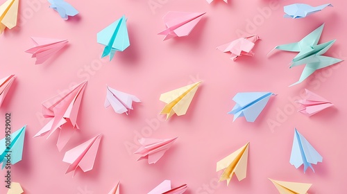 A colorful arrangement of paper airplanes and origami animals on a pink background, showcasing creativity and playfulness.