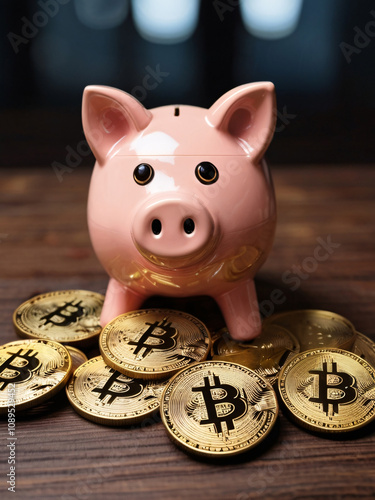 Pink cheramic Bitcoin Piggy Bank on Pile of crypto Coins for Cryptocurrency Savings, Wealth Accumulation, and Digital Asset Growth, crypto savings photo