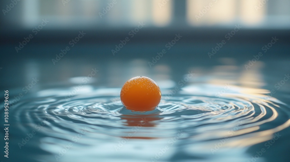 Orange sphere floats on calm water, creating concentric ripples.