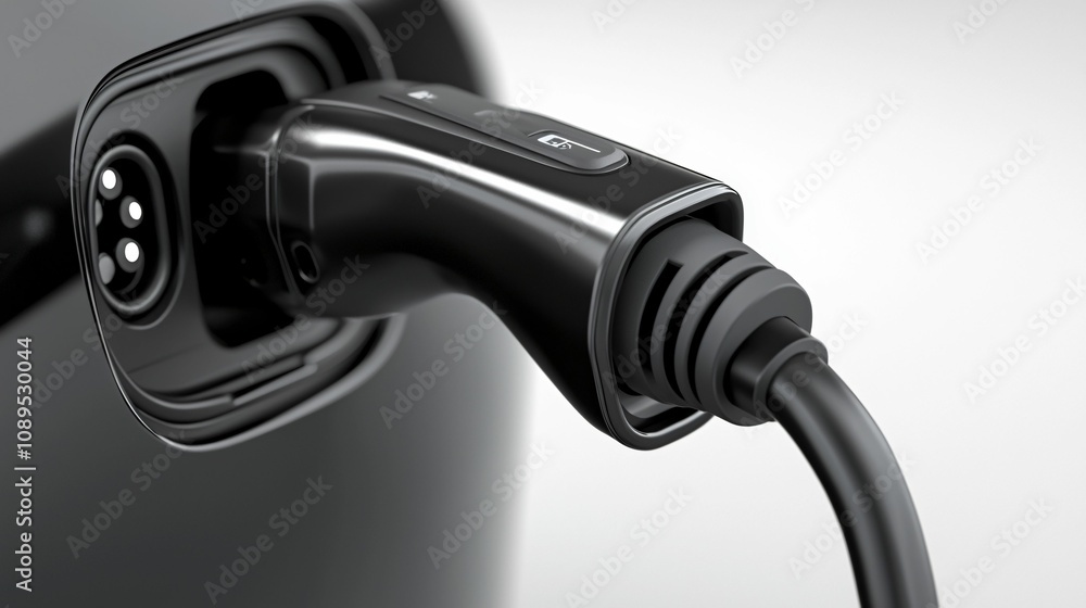 Sustainable energy and buildings. A close-up of an electric vehicle charging connector plugged into a charging port, highlighting modern sustainable technology. Sustainable energy and buildings. A close-up of an electric vehicle charging connector plugged into a charging port, highlighting modern sustainable technology.