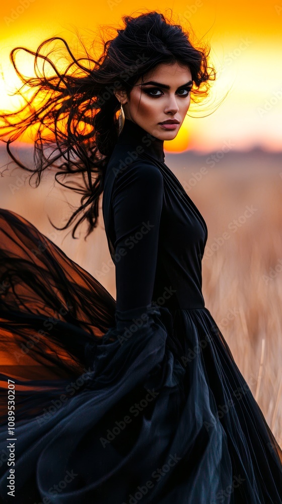 Naklejka premium a woman in a black dress standing in a field at sunset, with her hair blowing in the wind The sky is a beautiful mix of oranges, pinks, and purples, and the backgr