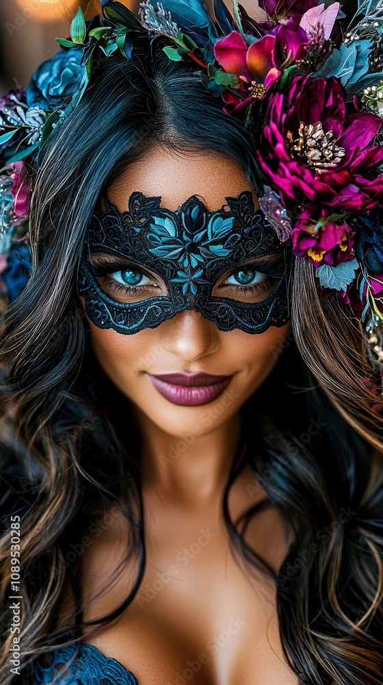 Fototapeta premium a woman wearing a blue dress and a black masquerade mask adorned with flowers The background is blurred, giving the image a dreamy, ethereal feel