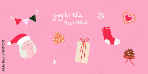 Mrs. Claus Vector Illustration with Christmas Elements for Holiday Design. Present, Christmas Cookies, Decorations. 