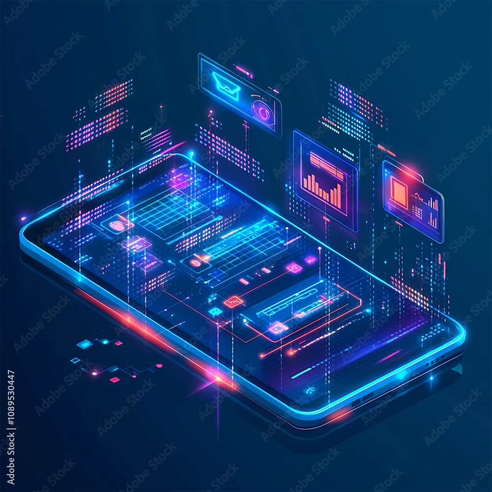 Obraz premium Smartphone application displaying business graphs and analytics data on an isometric mobile phone. It involves analyzing trends and financial strategies using infographic charts.