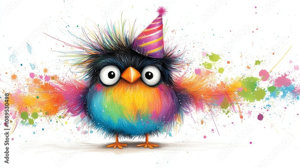Naklejka premium a colorful bird wearing a party hat with paint splatters on it, set against a white background