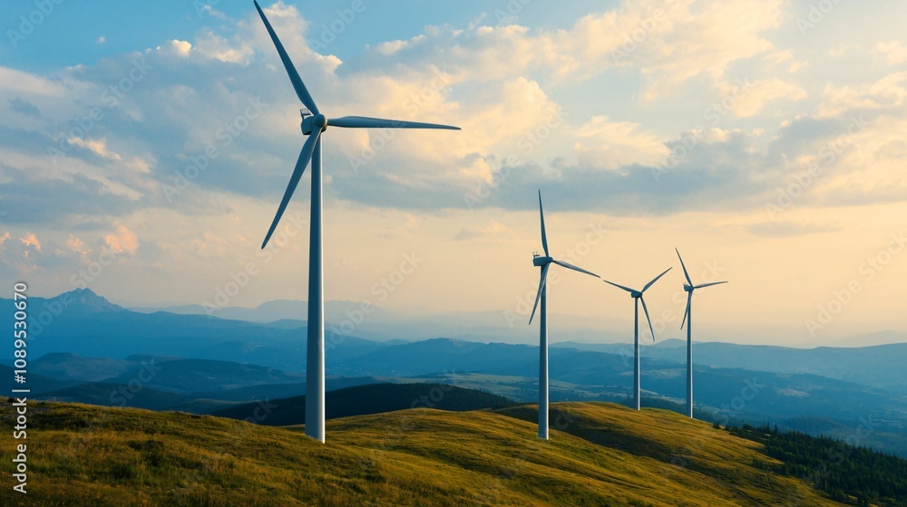 Sustainable energy and buildings. A scenic landscape featuring wind turbines on rolling hills under a beautiful sky, symbolizing renewable energy and sustainability. Sustainable energy and buildings. A scenic landscape featuring wind turbines on rolling hills under a beautiful sky, symbolizing renewable energy and sustainability.