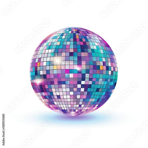 Colorful Disco Ball on White Background for Celebratory Themes and Event Decor with Shimmering Tiles Reflecting Light in Various Shades and Textures