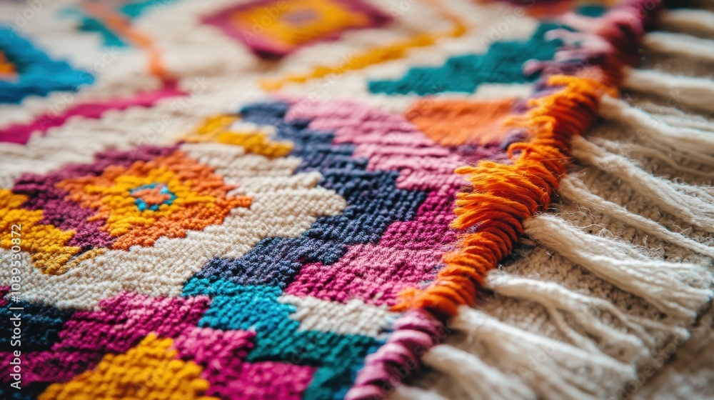 Close-up of an Azerbaijani rug featuring vibrant threads and intricate geometric patterns Close-up of an Azerbaijani rug featuring vibrant threads and intricate geometric patterns