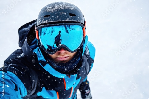 A person wearing ski gear and goggles on a snowy day for outdoor activities or winter sports