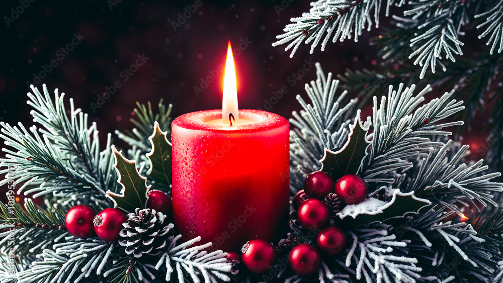 Glowing Christmas red Candle with Frosted Holly and Pine Needles, Warm Flickering Light Creating Cozy Holiday Atmosphere, Seasonal Decoration and Celebration Glowing Christmas red Candle with Frosted Holly and Pine Needles, Warm Flickering Light Creating Cozy Holiday Atmosphere, Seasonal Decoration and Celebration