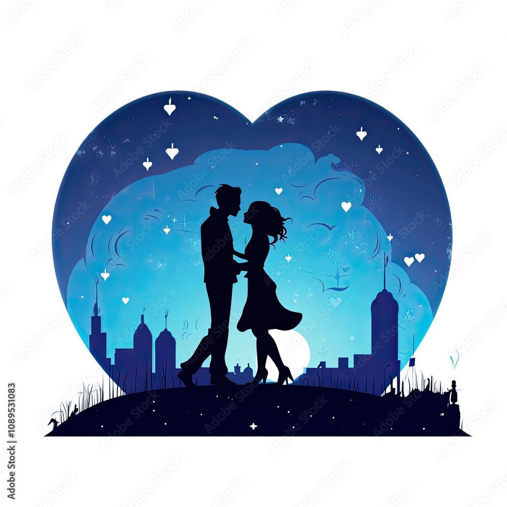 Silhouette of a Romantic Couple Against a Heart-Shaped City Skyline at Twilight, Symbolizing Love, Connection, and Urban Romance in a Dreamy Atmosphere Silhouette of a Romantic Couple Against a Heart-Shaped City Skyline at Twilight, Symbolizing Love, Connection, and Urban Romance in a Dreamy Atmosphere