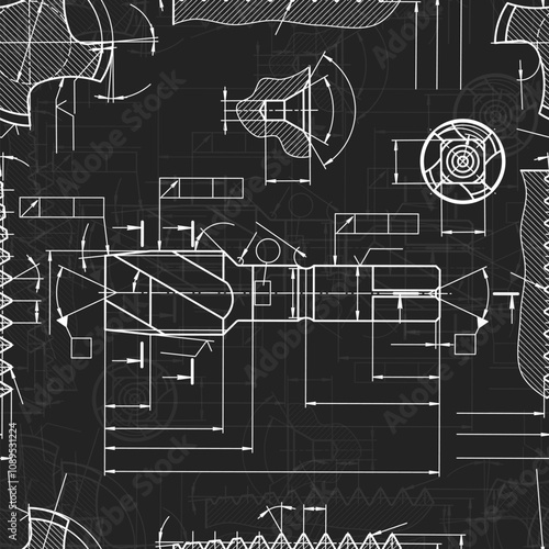 Mechanical engineering drawings on black background. Tap tools, borer. Technical Design. Cover. Blueprint. Seamless pattern. Vector illustration.
