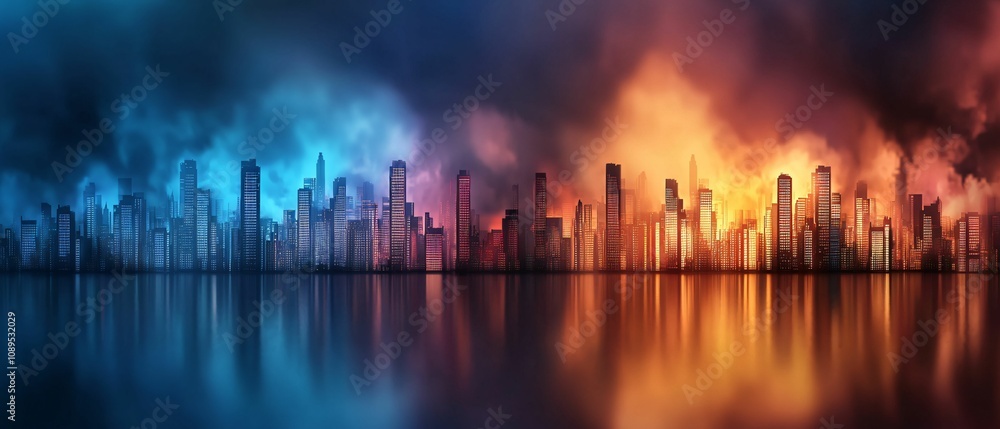 Fototapeta premium Sustainable energy and buildings. A vibrant city skyline reflects contrasting colors of blue and orange, set against a moody, cloud-filled sky, creating a dramatic atmosphere.