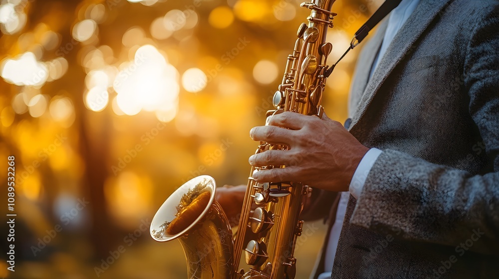 Obraz premium A male African-American musician playing saxophone surrounded by autumn foliage.