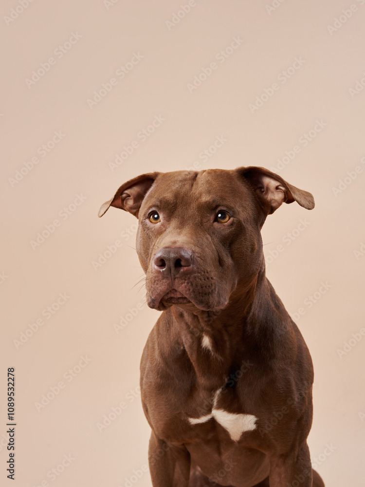 A brown dog sits with a curious look, its head slightly tilted on a beige background. A brown dog sits with a curious look, its head slightly tilted on a beige background.