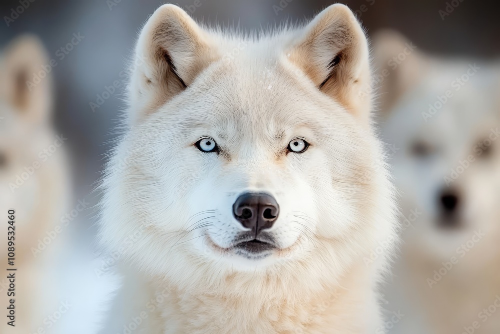 a white wolf with blue eyes standing in the snow, surrounded by a group of other white wolves The background is blurred, giving the image a dreamy, ethereal feel a white wolf with blue eyes standing in the snow, surrounded by a group of other white wolves The background is blurred, giving the image a dreamy, ethereal feel