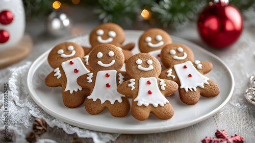 Delicious gingerbread cookies on a festive plate, perfect for holiday celebrations.