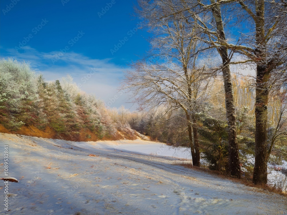 Snow covering rolling hills and trees in winter landscape Snow covering rolling hills and trees in winter landscape