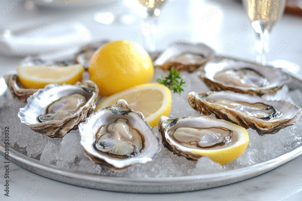 Freshly shucked oysters served with lemon wedges for a classic appetizer or snack Freshly shucked oysters served with lemon wedges for a classic appetizer or snack