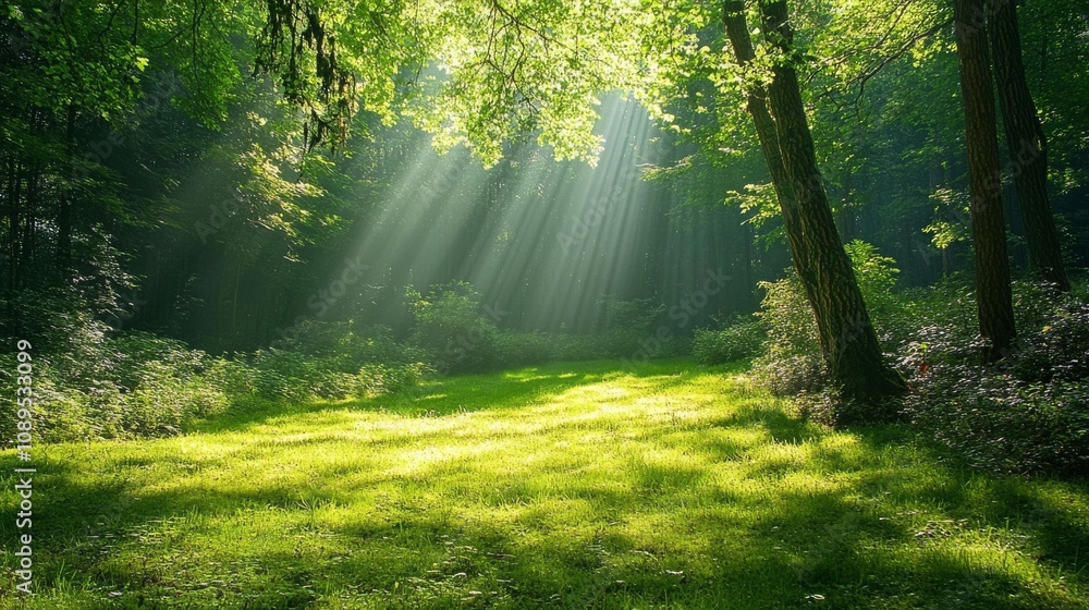 Obraz premium Sunbeams Illuminate Lush Green Forest Clearing