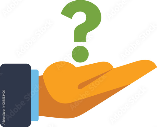 Illustration of a businessman holding a question mark in his open hand, asking a question or looking for a solution