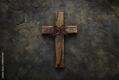 A simple wooden cross adorned with a crown of thorns, centered on a dark textured background photo