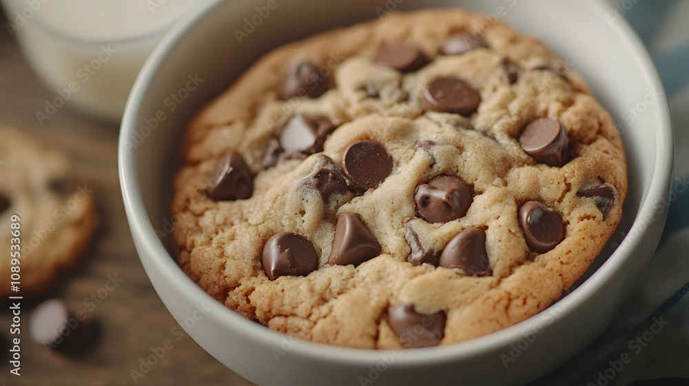 Close-up of a freshly baked chocolate chip cookie in a white bowl. Close-up of a freshly baked chocolate chip cookie in a white bowl.