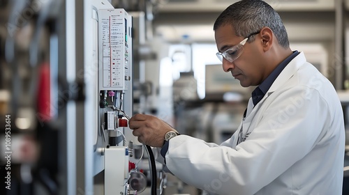 A technician calibrating a blood pressure machine in a hospital equipment room photo