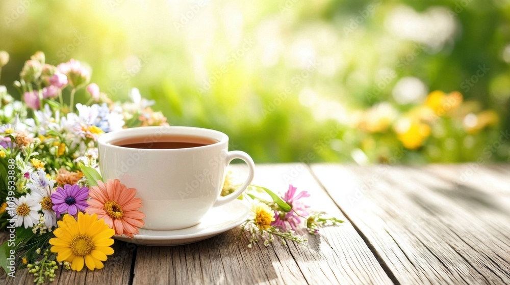 Cozy setting features a cup of tea beside a colorful bouquet on a wooden table under sunlight Cozy setting features a cup of tea beside a colorful bouquet on a wooden table under sunlight